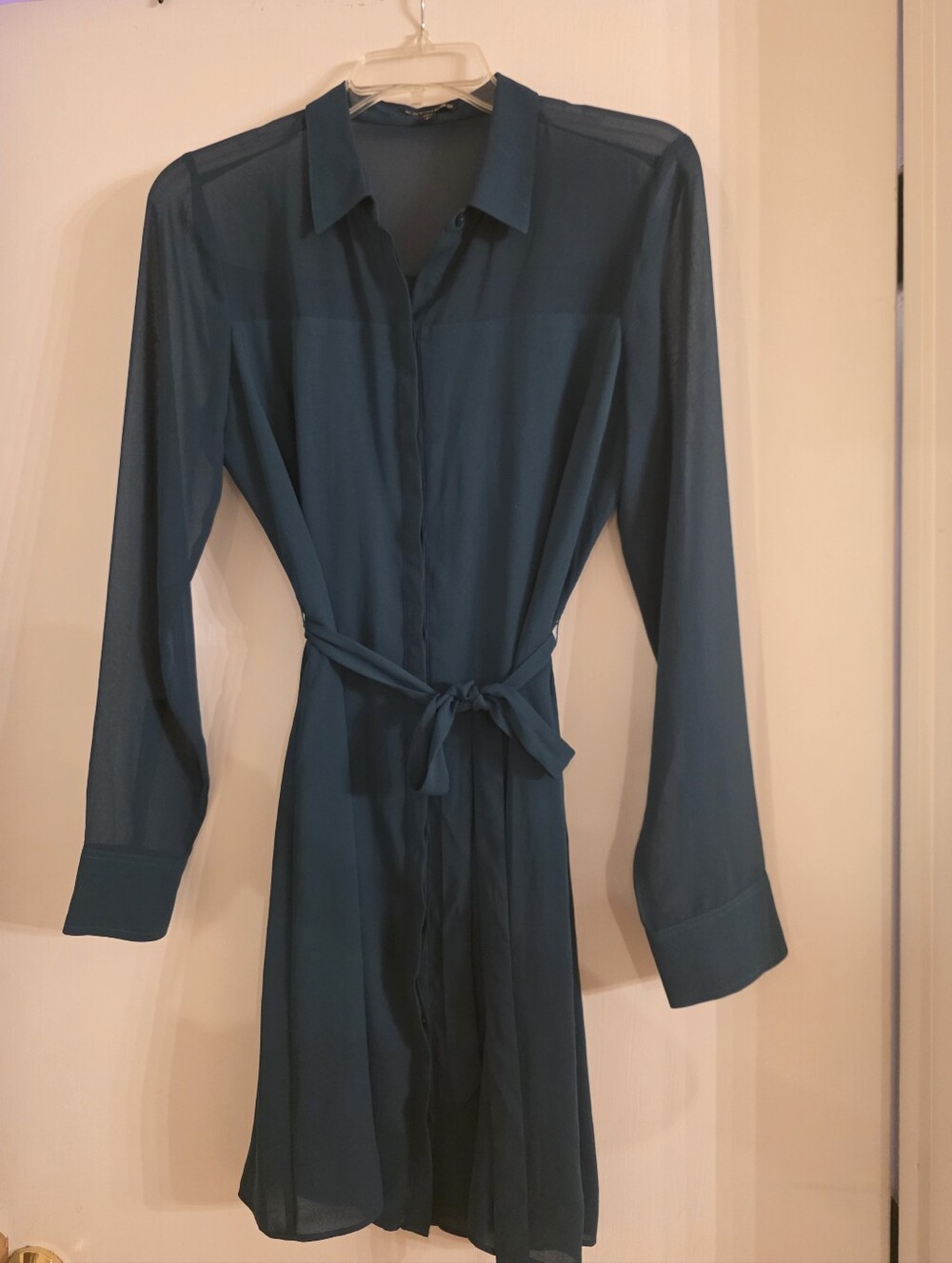 Express Classic Teal Shirt Dress with Waist Tie - Picture 1 of 8
